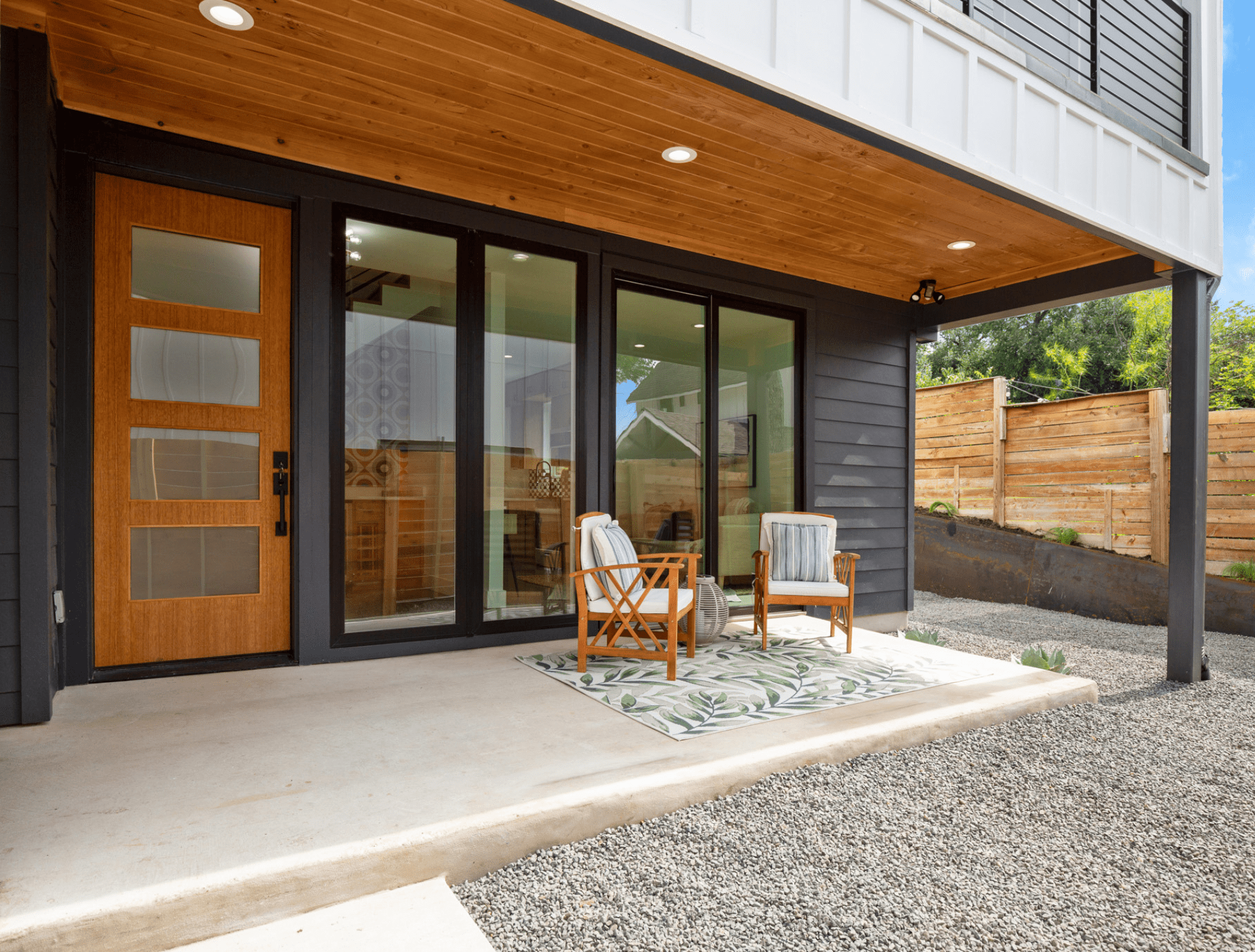 Outside patio and backyard of a custom built home in Austin, Texas.