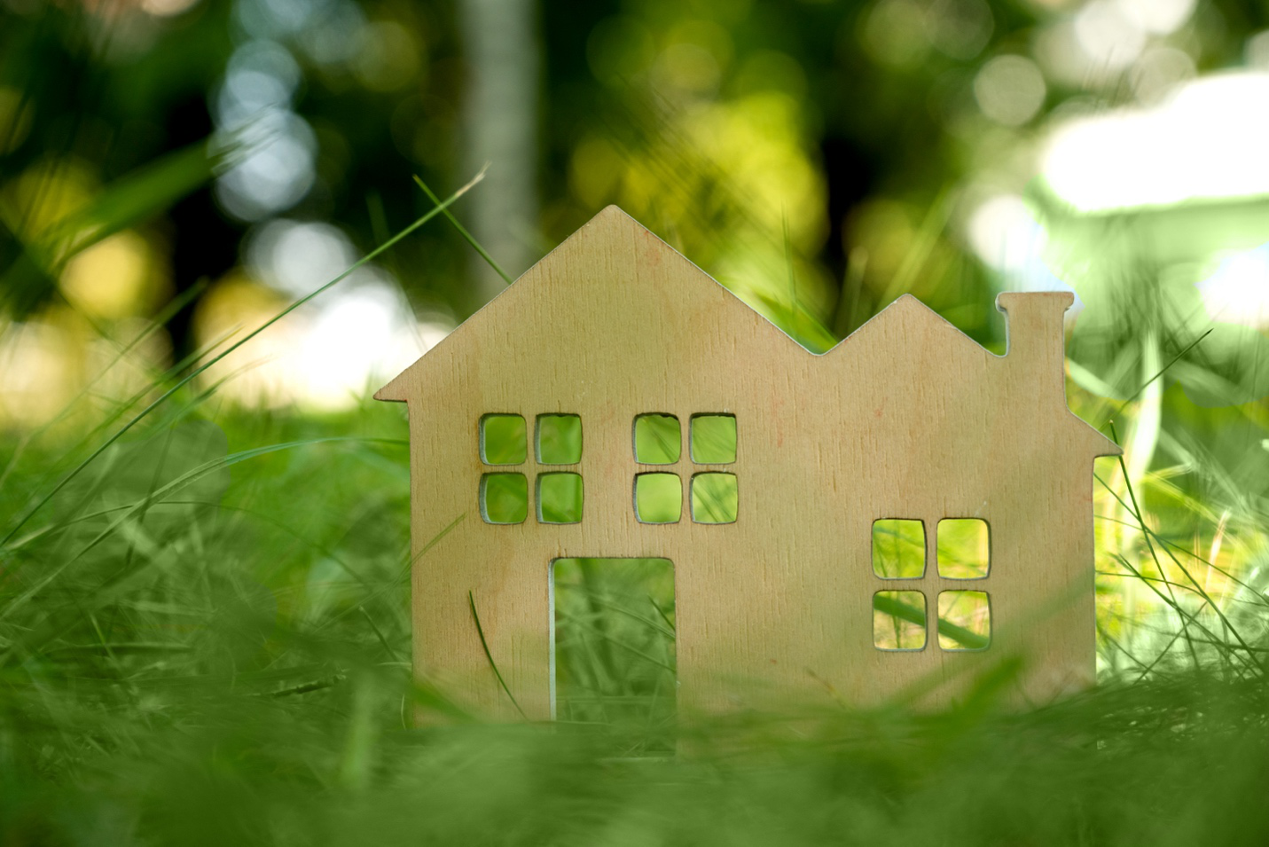 A wooden house cutout sits in the grass, symbolizing the building of a sustainable house.