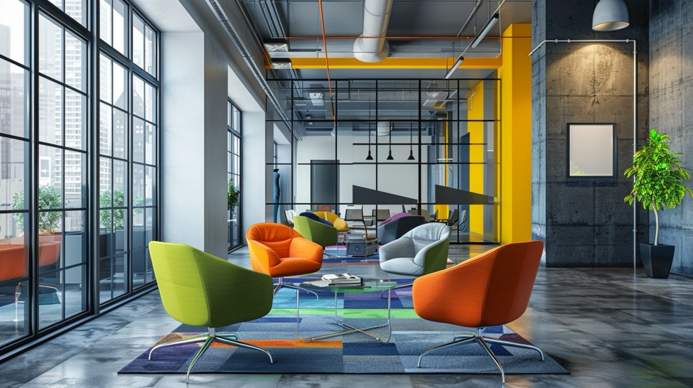 a multicolored office lounge area