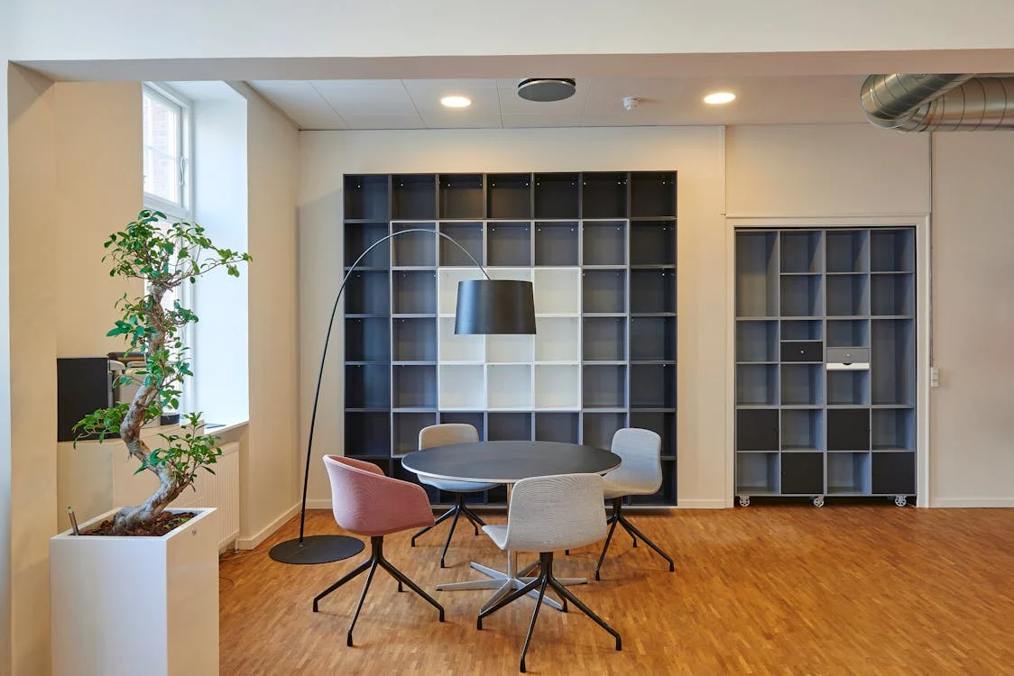 The interior of an office with a table, chairs, shelves, and a plant