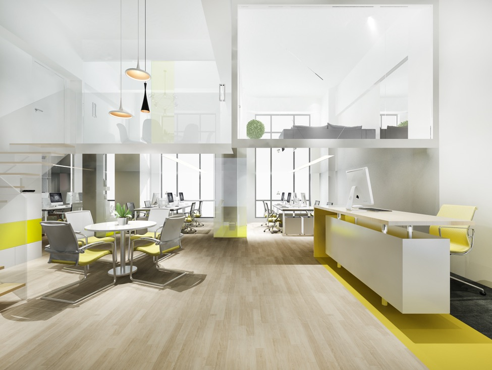 a 3D rendering of an office space with yellow accents