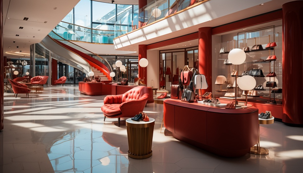 A luxury store with red accent colors