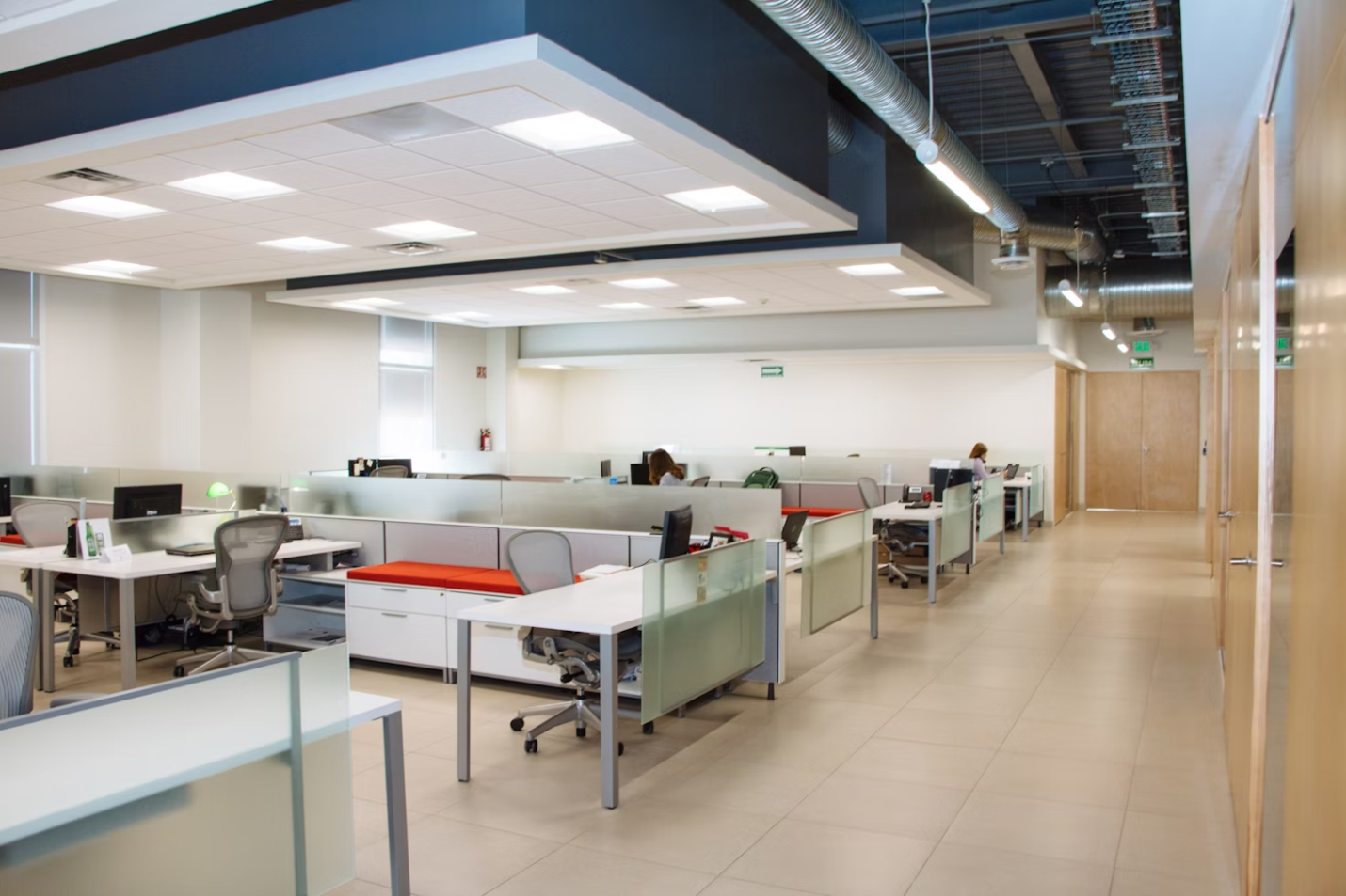 The interior of an office with desks and chairs