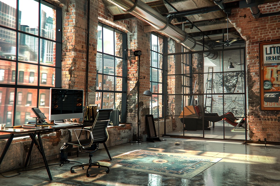 An industrial-chic office space with a desk, office, and exposed brick