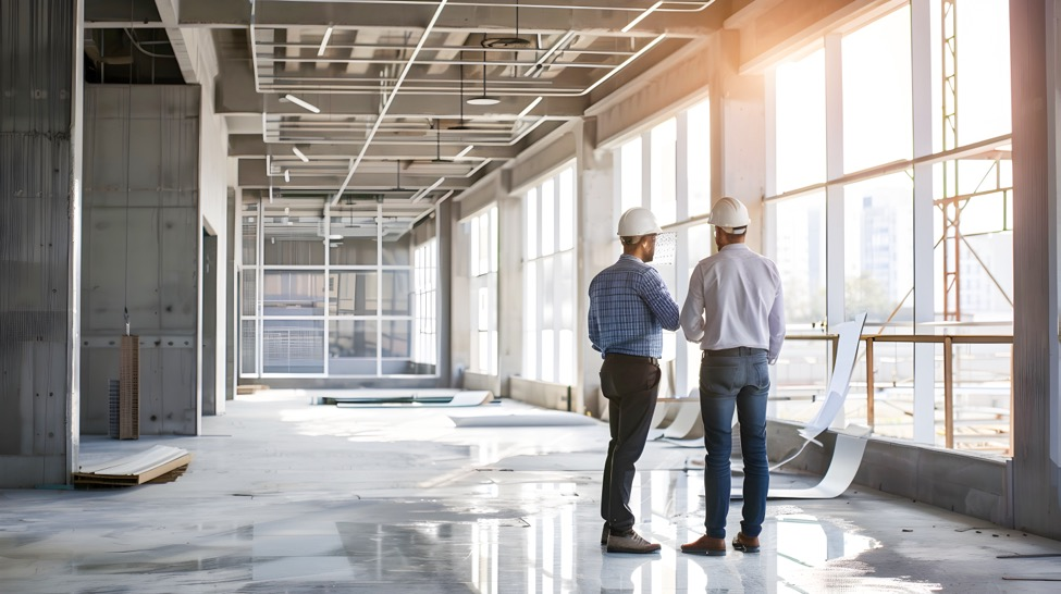 Two men with hardhats inspect an office build-out construction project