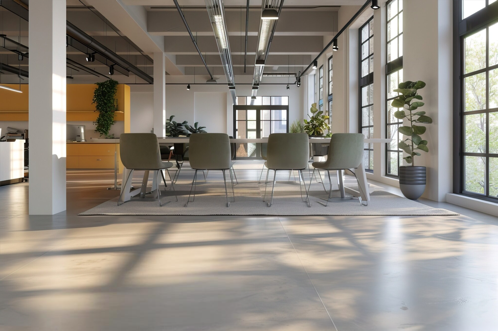 An open-concept office space with white interior, light wood, and large, floor-to-ceiling windows 