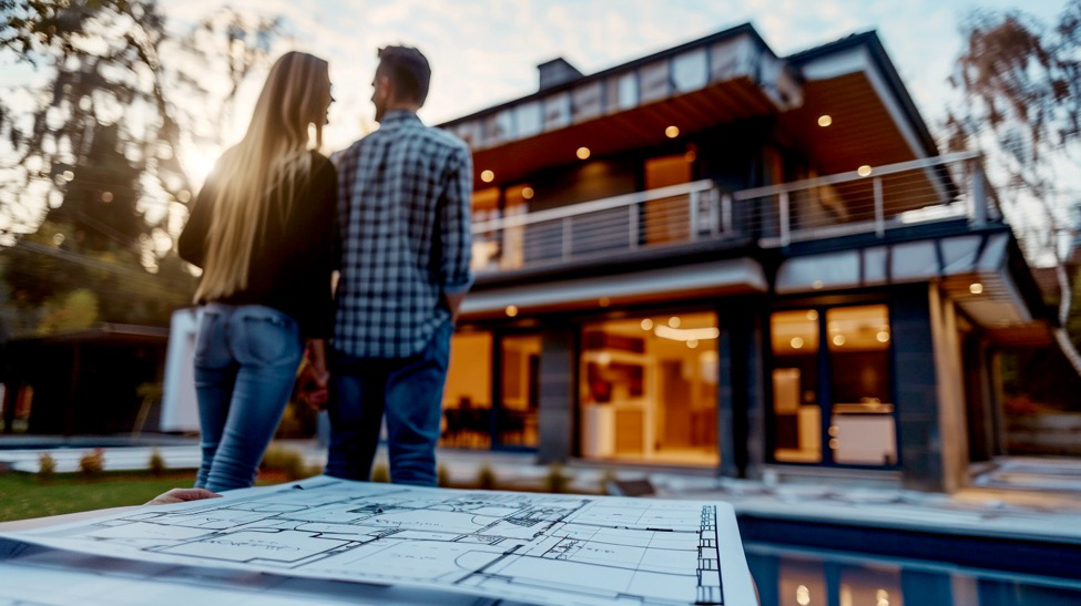 a couple looking at a home under construction by custom home builders with floor plans in the foreground