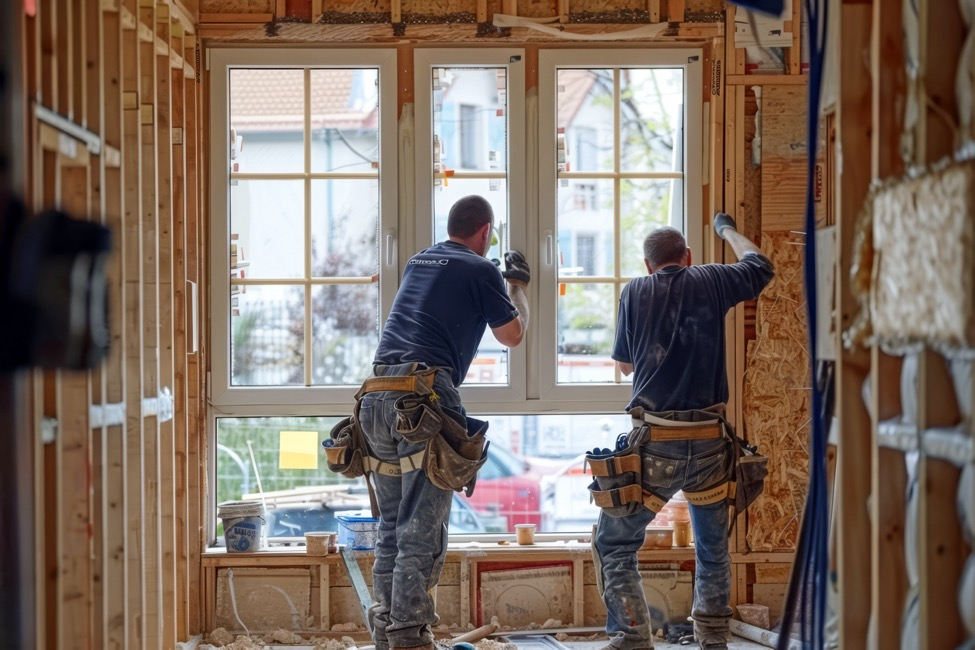 Two professional home remodelers work on installing a window.