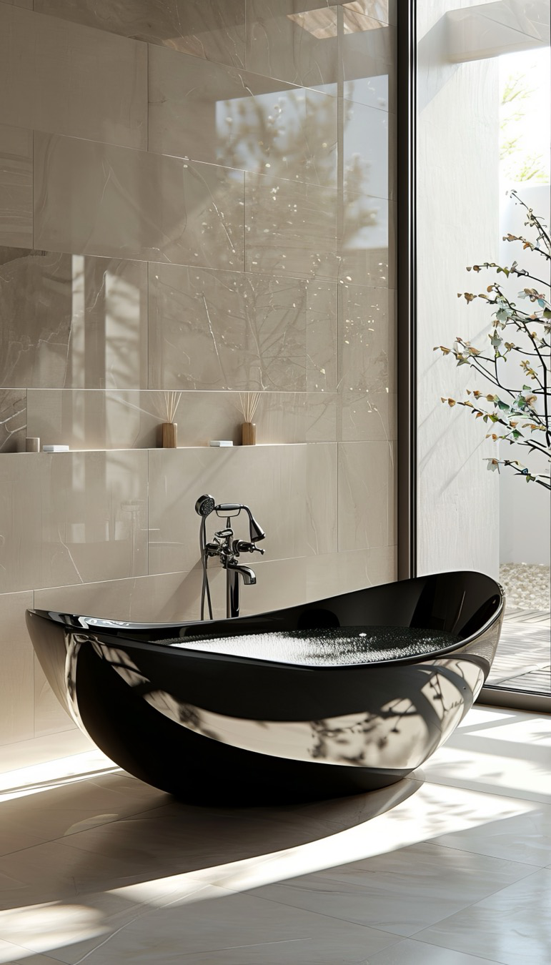 A remodeled bathroom with a minimalist black bathtub and floor-to-ceiling window