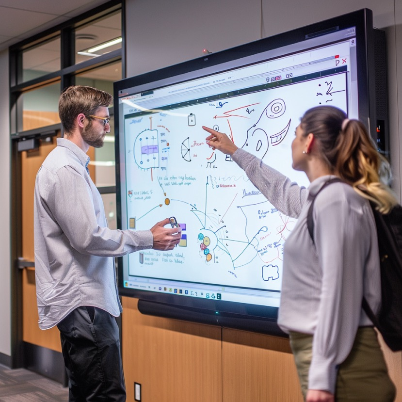 two workers collaborate on a smart board in an office