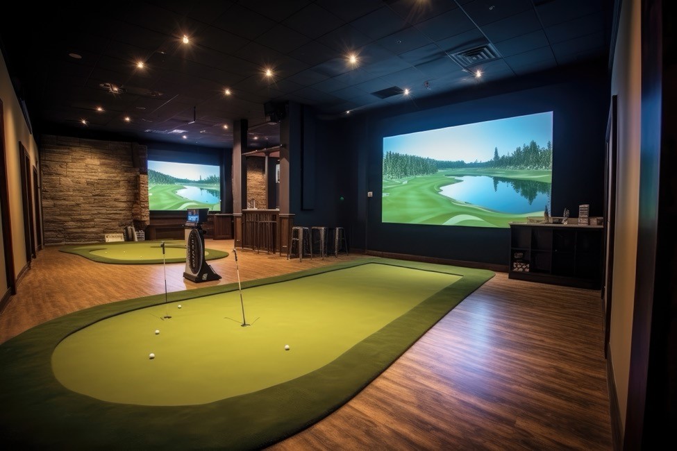 a computer-generated plan for an indoor golf simulator for a golf club in Austin