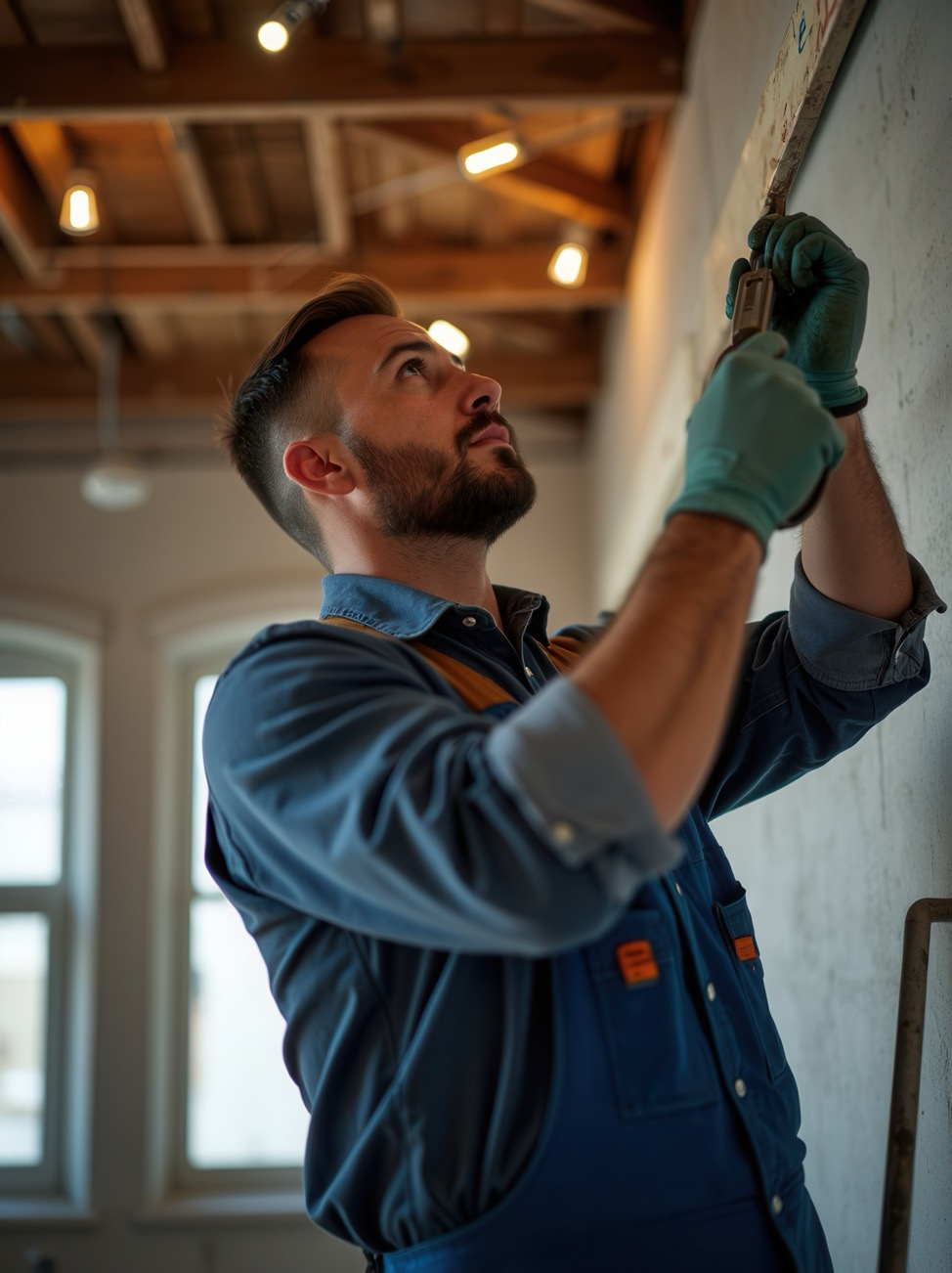 a commercial construction worker measures a wall in a retail buildout project 