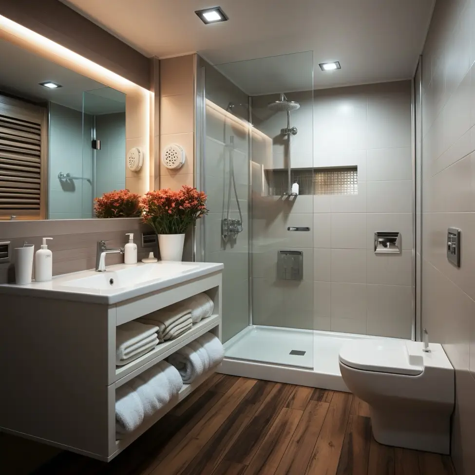 A bathroom storage solution with built-in shelving, a shower space, and a toilet.