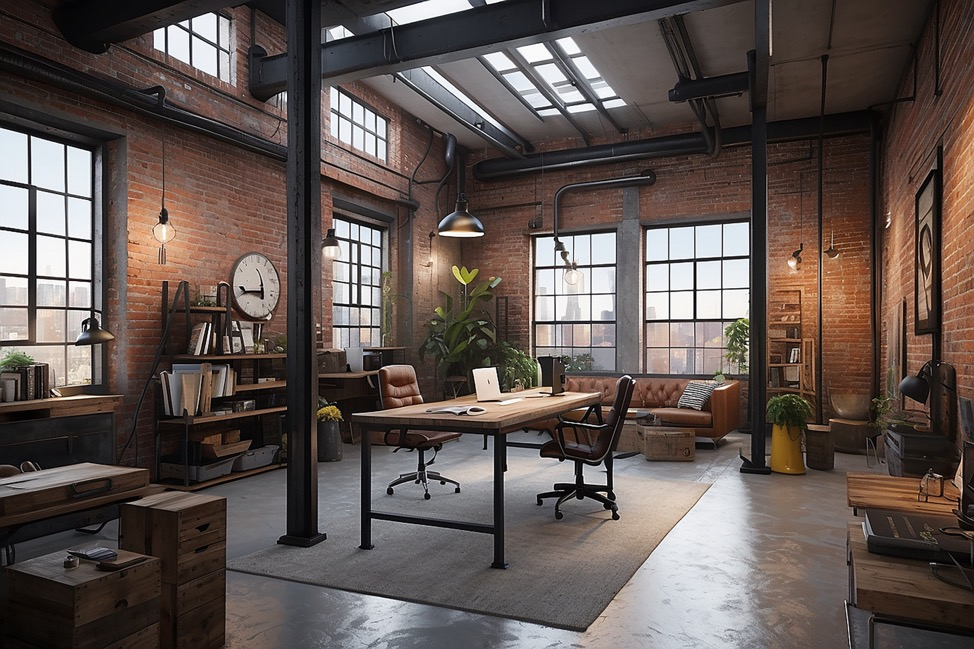 An industrial loft office space with brick walls and polished concrete floors.