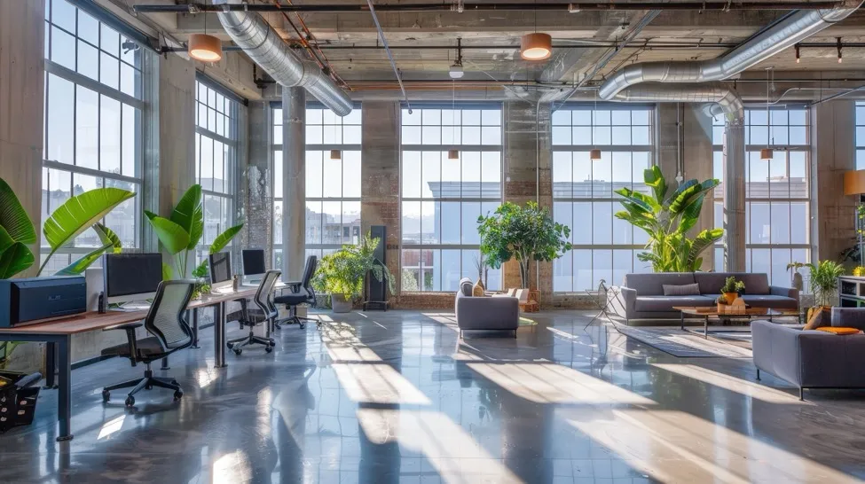 an industrial office space with the sun shining through the windows