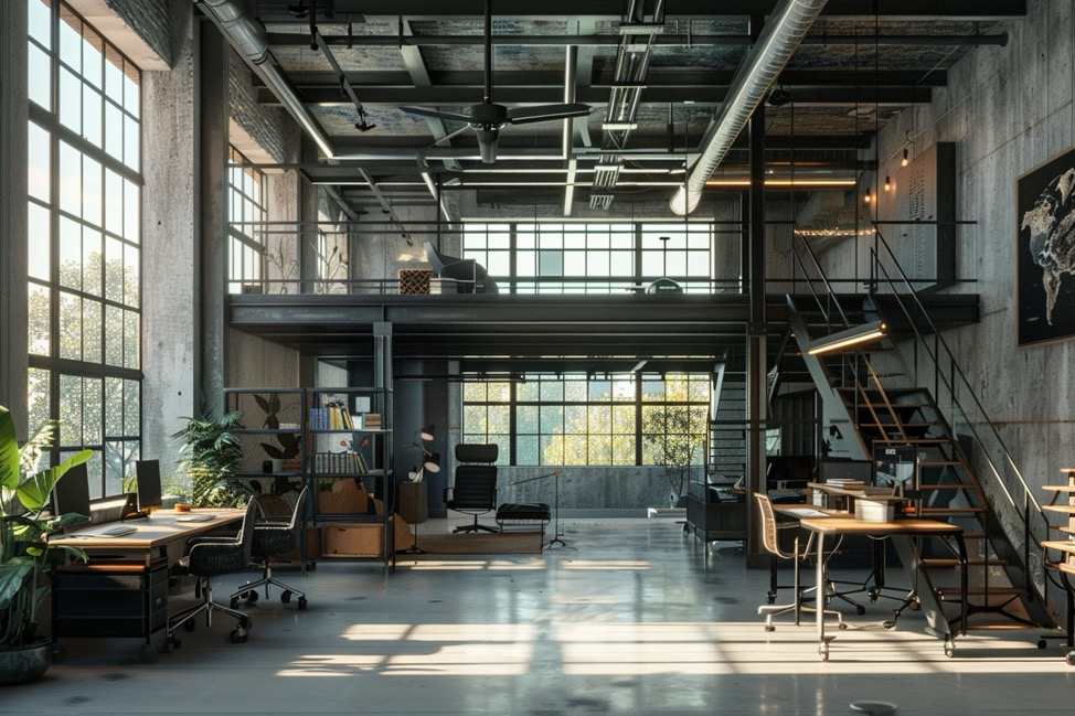 An industrial warehouse office space with a loft and stairs.