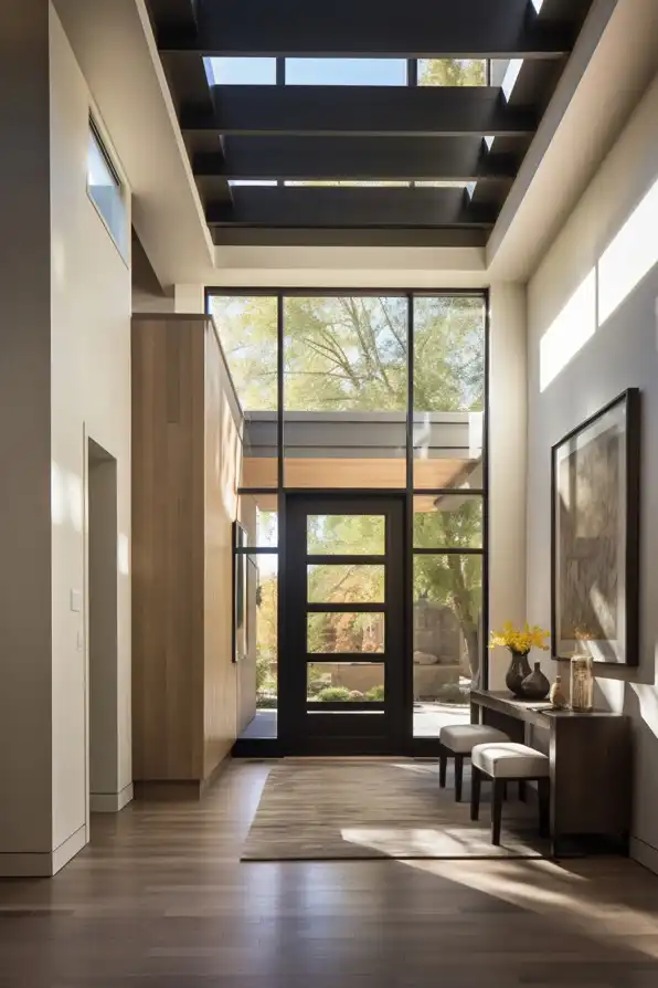 The foyer to a luxury home with floor-to-ceiling windowed doorway.