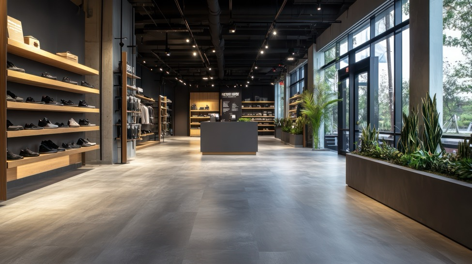 A clothing store design, with shoes on shelves and racks of jackets and shirts.