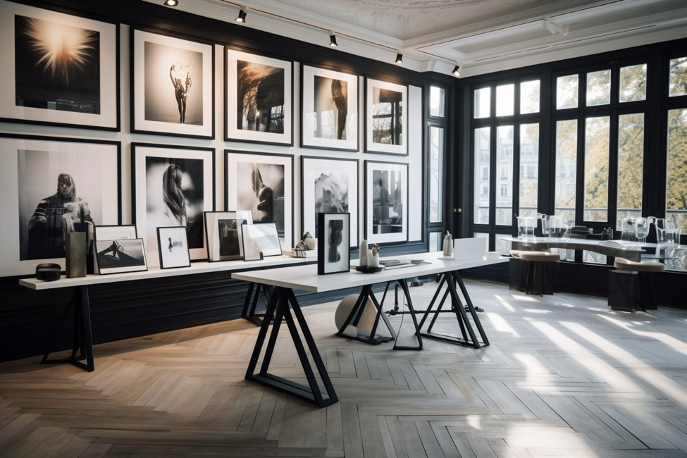 An interior design office with an artist desk, wood floors and photos on the wall.