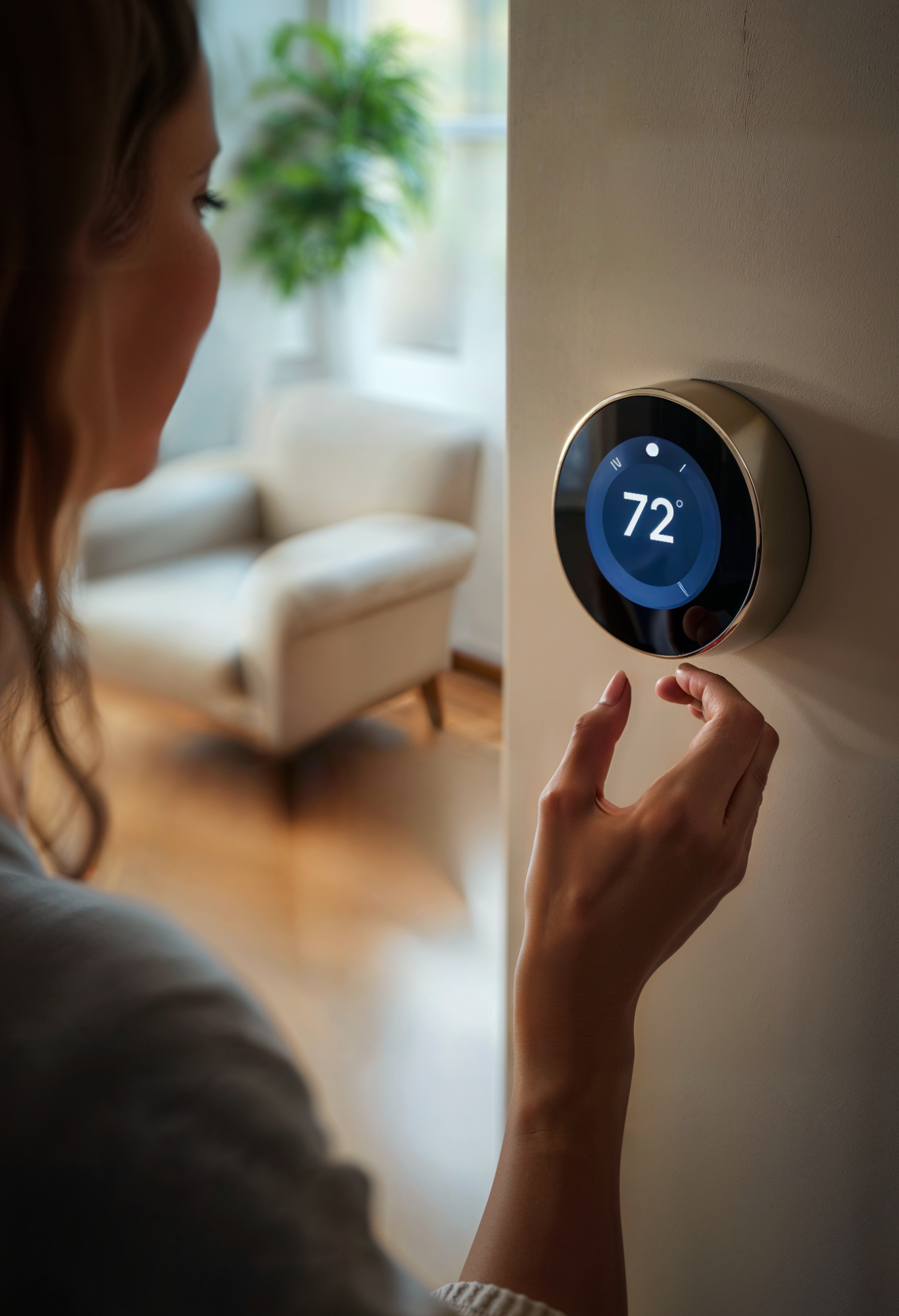 A woman touches her smart thermostat, which is set to 72 degrees.