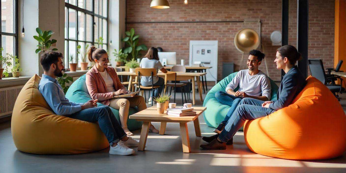 A group of coworkers drinking coffee and talking sit on colorful beanbag chairs around a coffee table.  