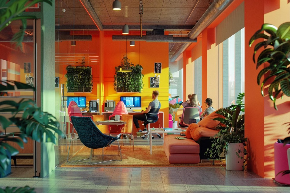 A group of workers in a colorful high-tech office space.