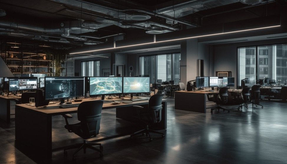 A group of desks with multi-monitor configurations in a high-tech office space.