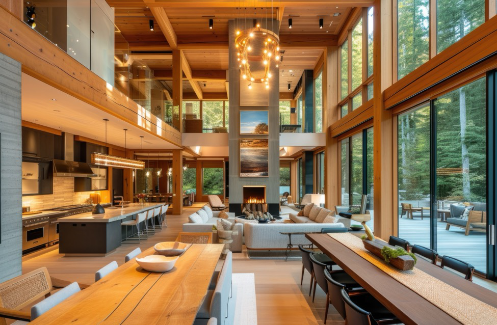 A luxurious home designed with an open concept using wood substrates as well as metal and stone