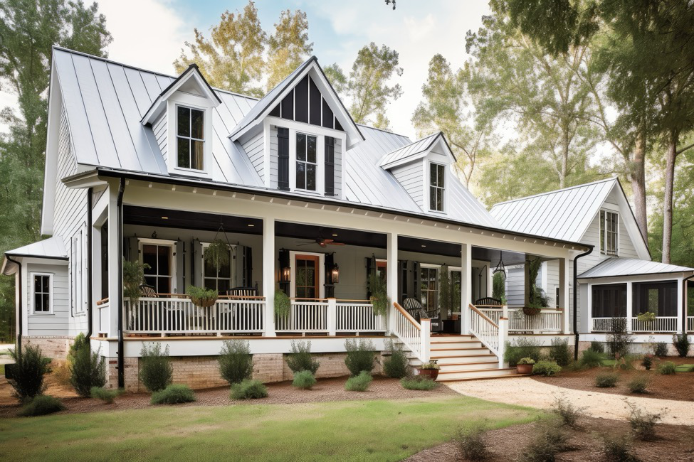 A modern farmhouse–style luxury home with a metal roof, black shutters, and light gray siding