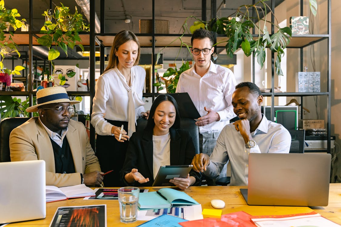 People working in an office with plants in the background and laptops and papers on the desk