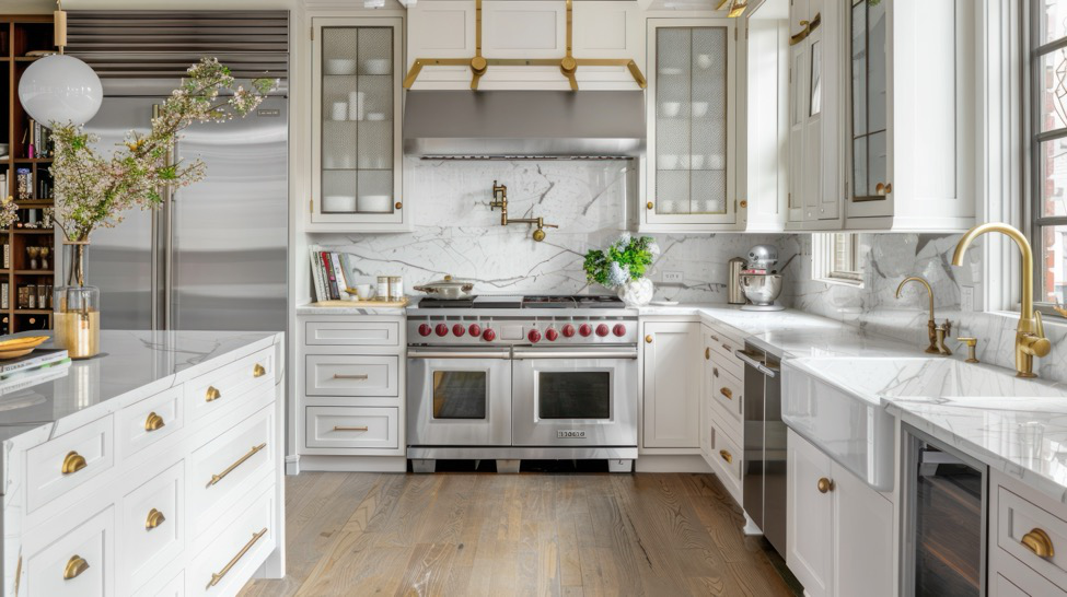 A renovated kitchen featuring marble countertops and backsplashes, brushed-gold fixtures, wood floors, and stainless appliances