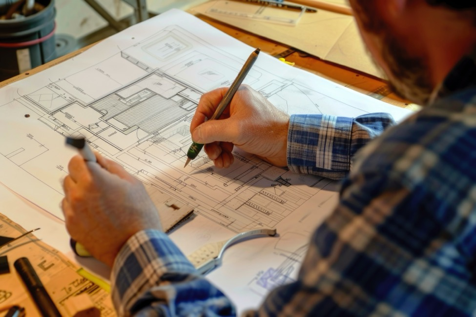 an architect draws on an office remodeling project blueprint