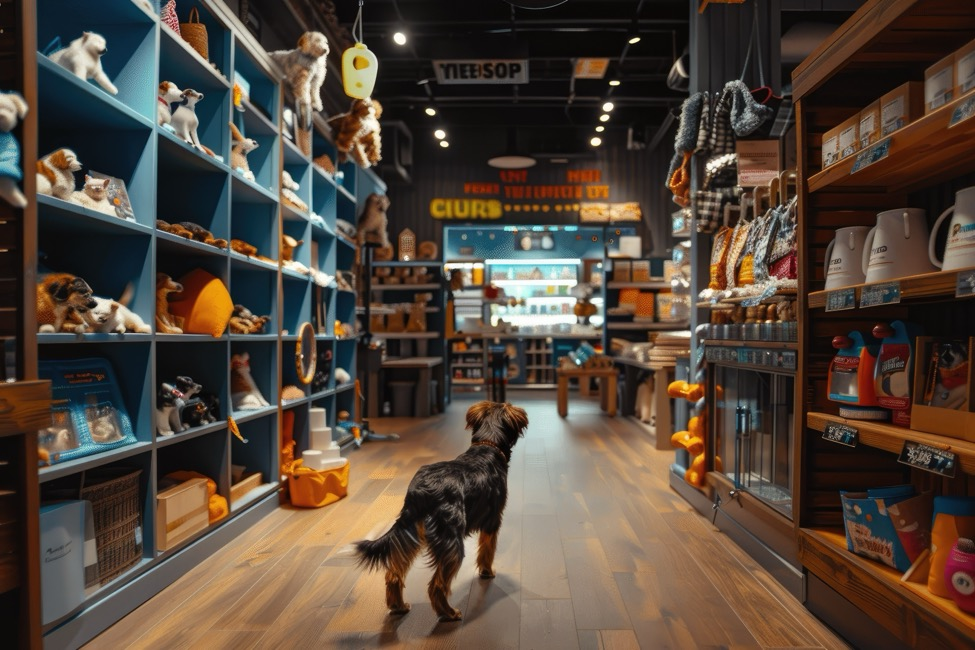 a dog stares down the central aisle of a pet store