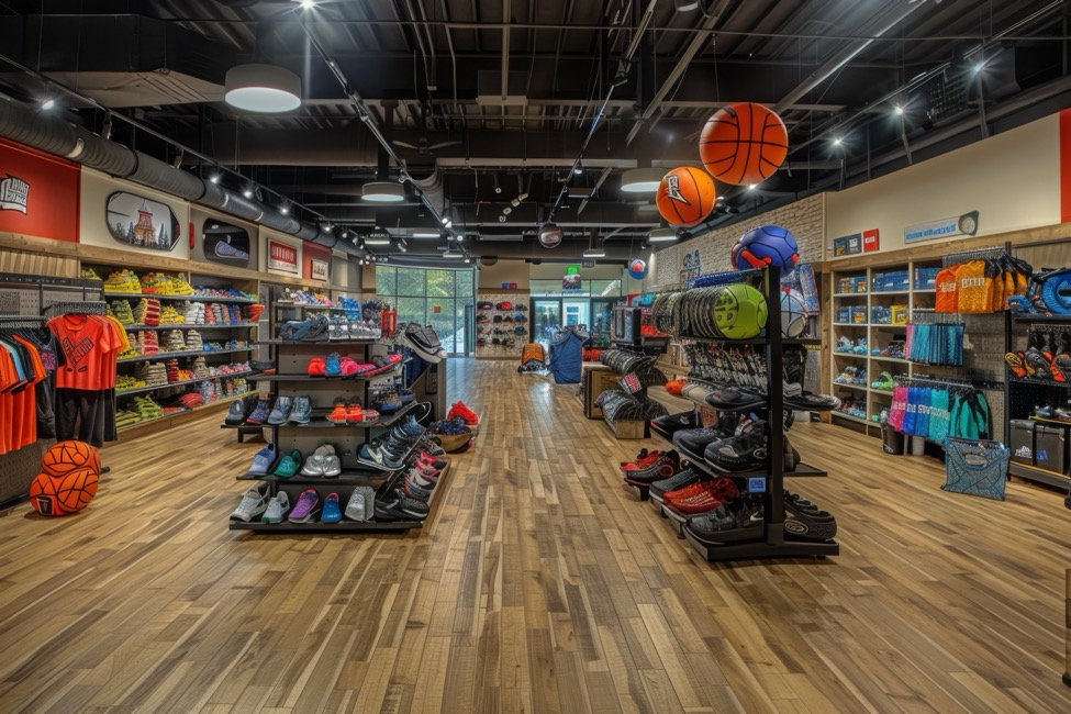 a retail sports boutique with wood floors, shoes, apparel, and sporting equipment