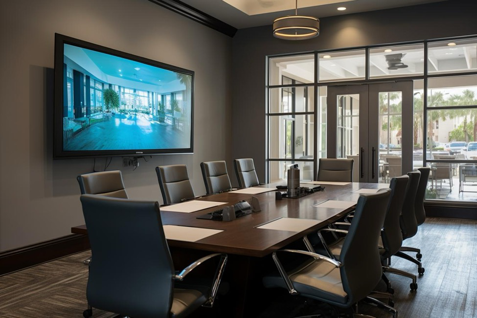 A conference room with chairs, a table, a TV screen, and a view of the outside office.