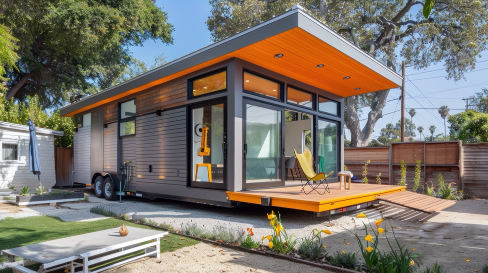 An ADU with large windows, a porch, and a ramp in a backyard.