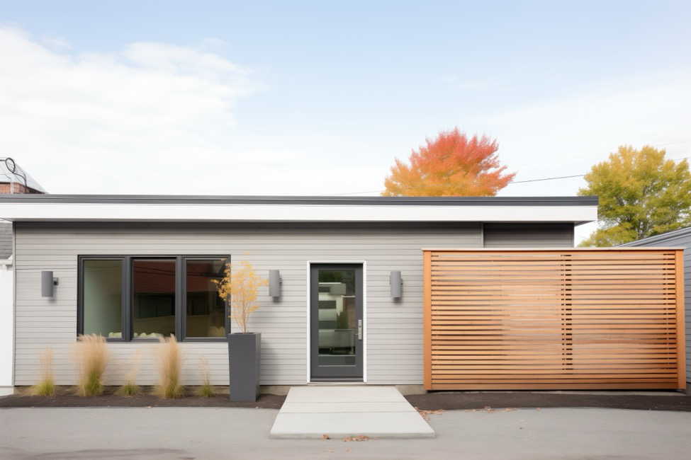 An ADU with gray siding and a natural wood fence