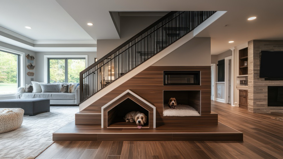 A home interior built for pets with built-in dog beds under the stairway