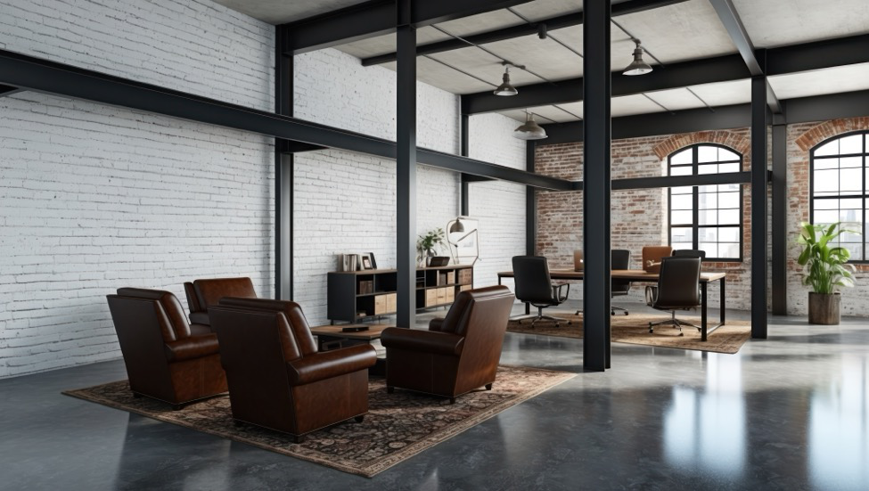 The interior of a one-story industrial chic office space with a concrete ceiling and floor, brick walls and exposed steel beams