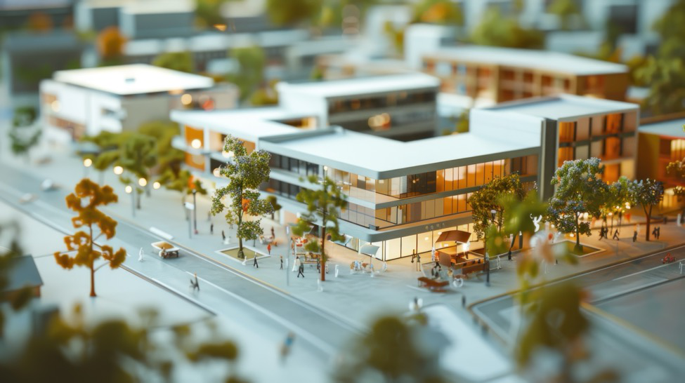 A 3D model of a mixed-use development project