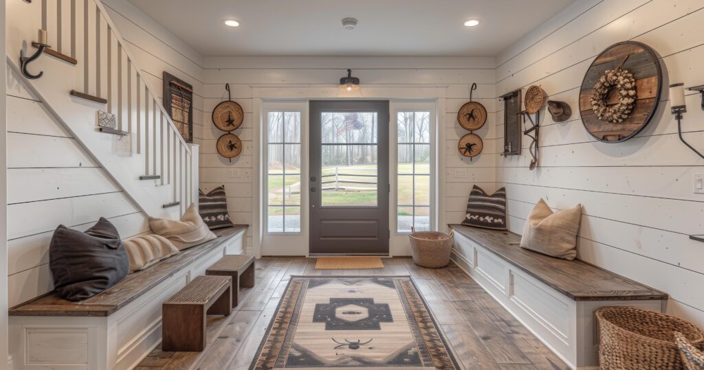 A modern Southwestern-themed front foyer with wood floors and shiplap