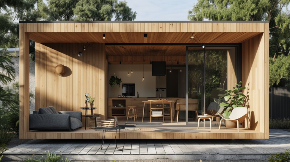 a custom luxury ADU built with wood and large sliding glass door
