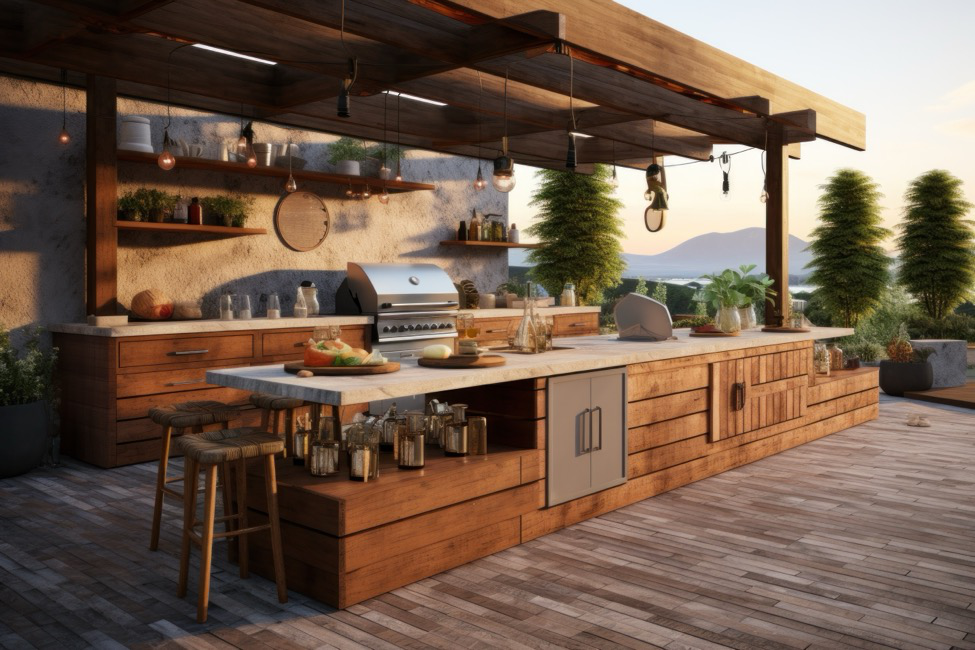 an outdoor kitchen living space built with wood cabinets and covering
