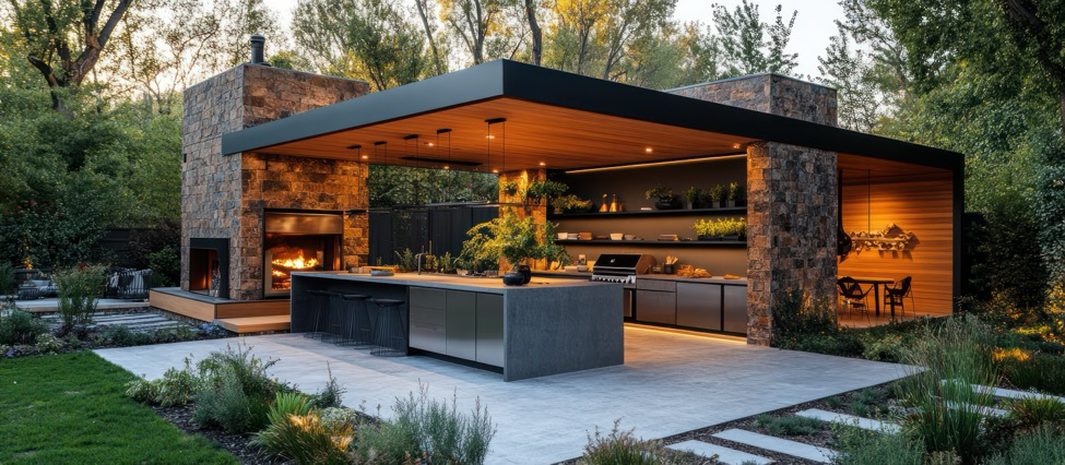 an outdoor kitchen built with wood and natural stone with fireplace and separate dining area
