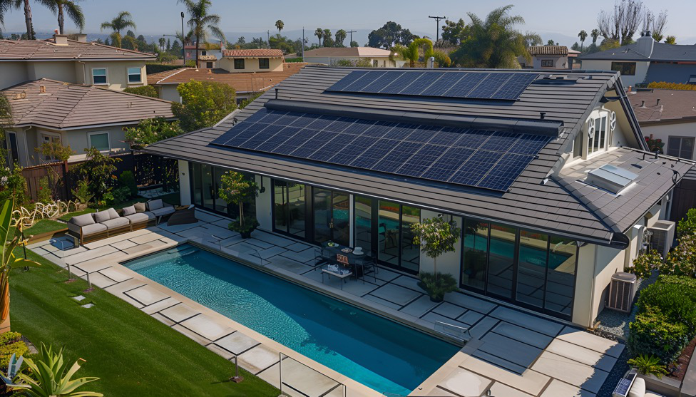 a luxury home with solar panels on the roof