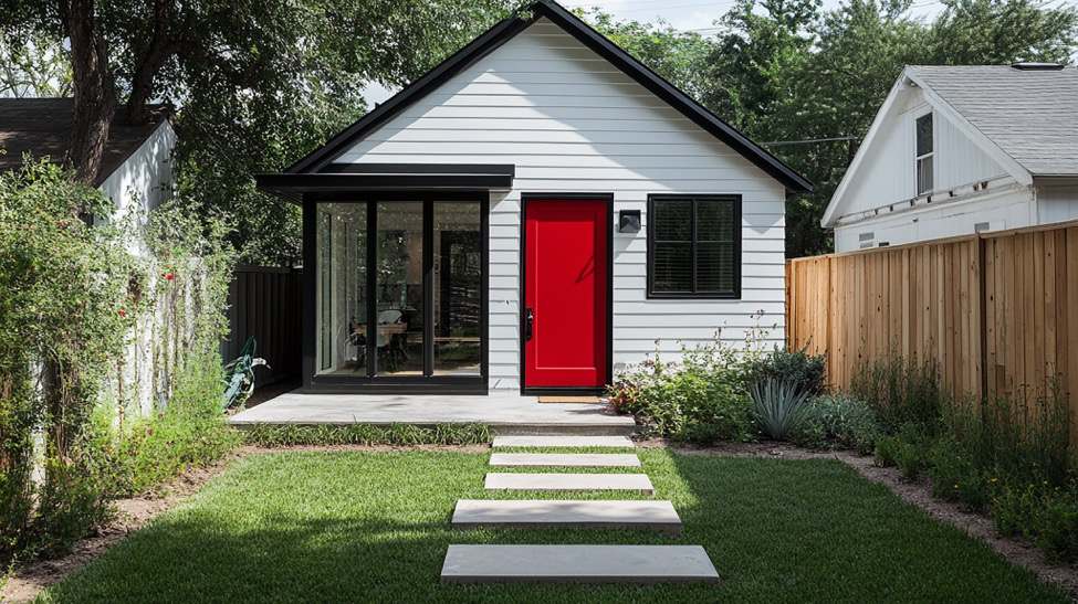 a traditional ADU unit with white siding and a red door