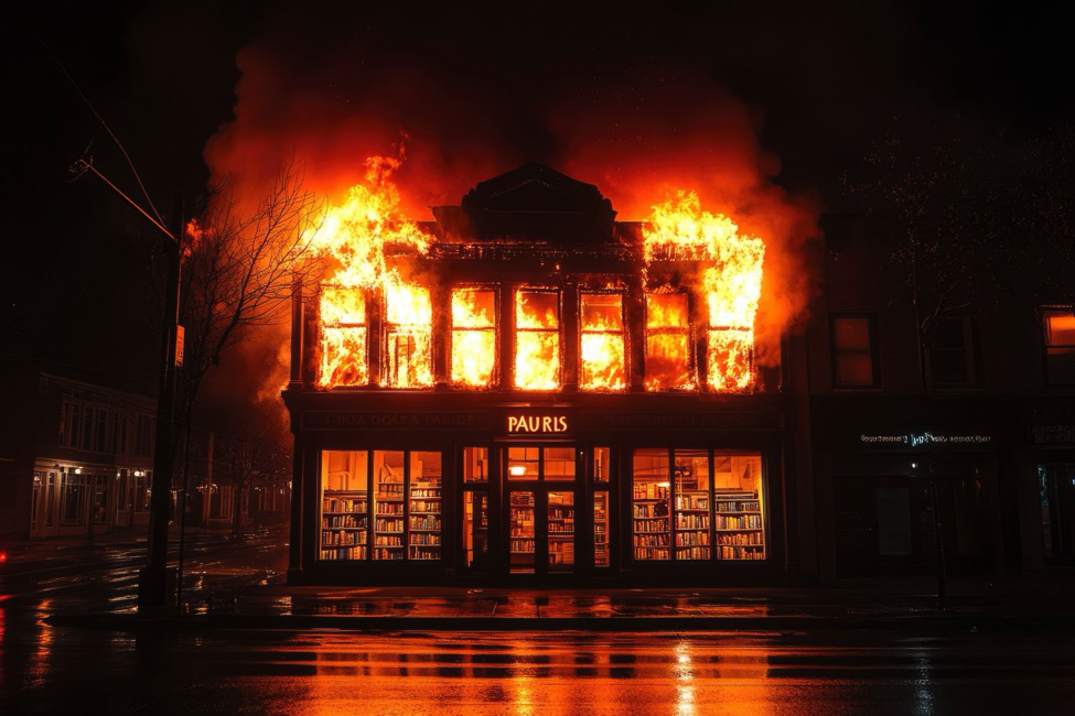 a retail bookstore on fire