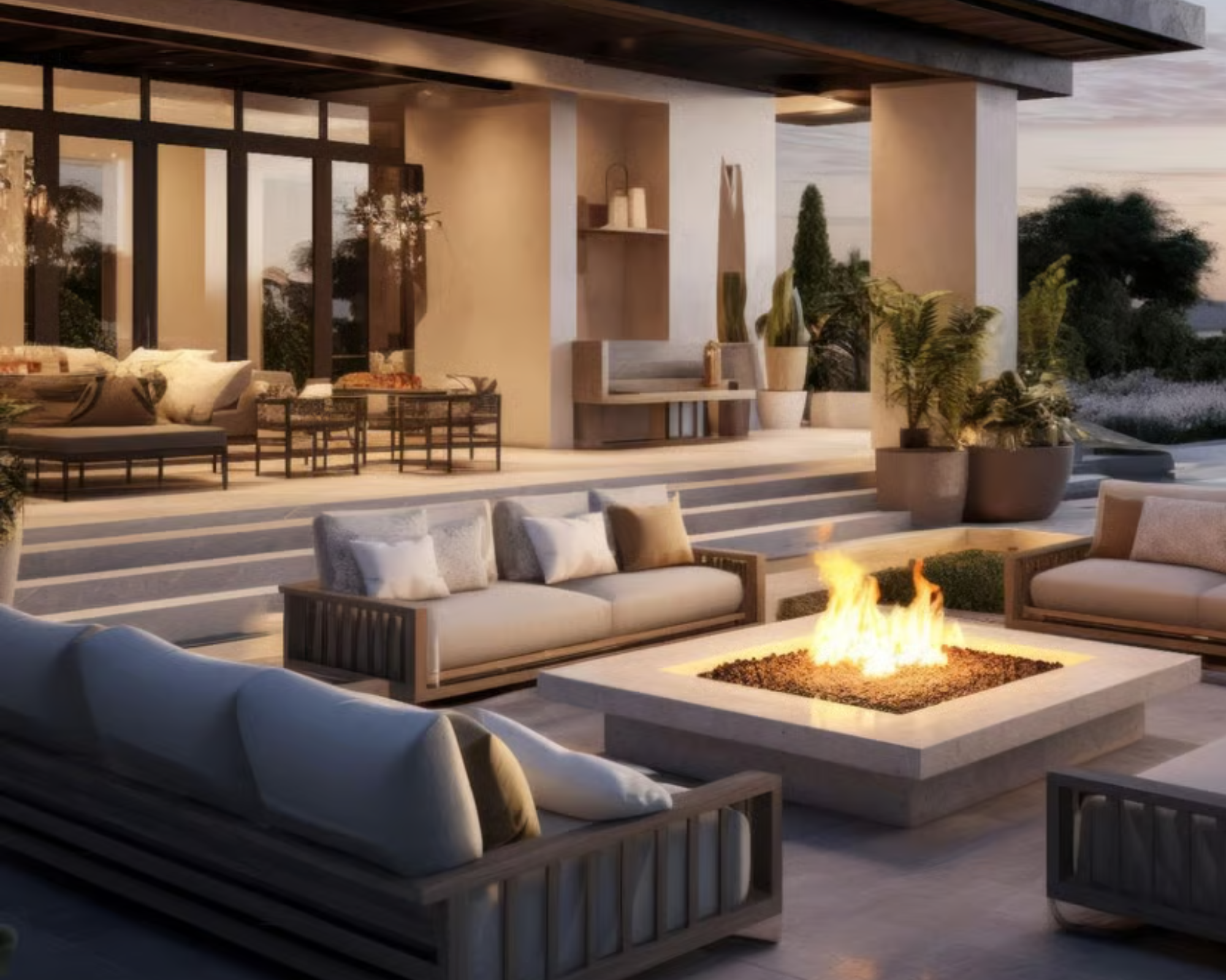 Modern luxury patio with outdoor seating, fire pit, and covered terrace at sunset. This was a custom home rernovation.